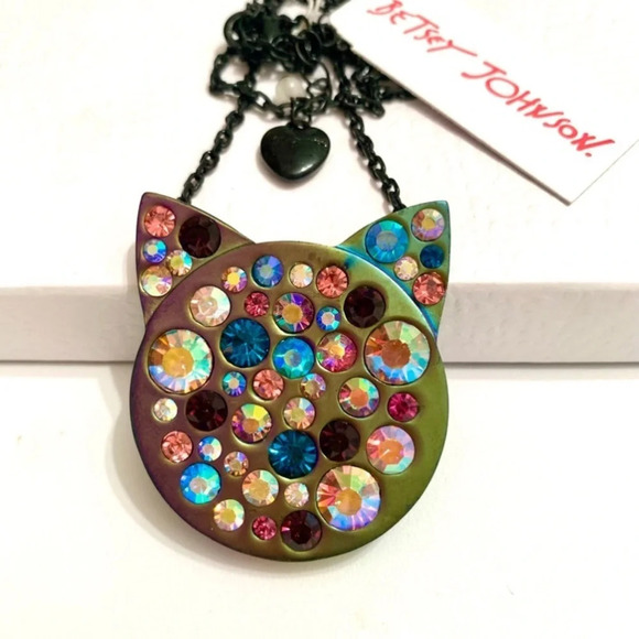 BETSEY JOHNSON SET Halloween Cat Head Crystals in Gunmetal Earrings Necklace NWT - Picture 8 of 13